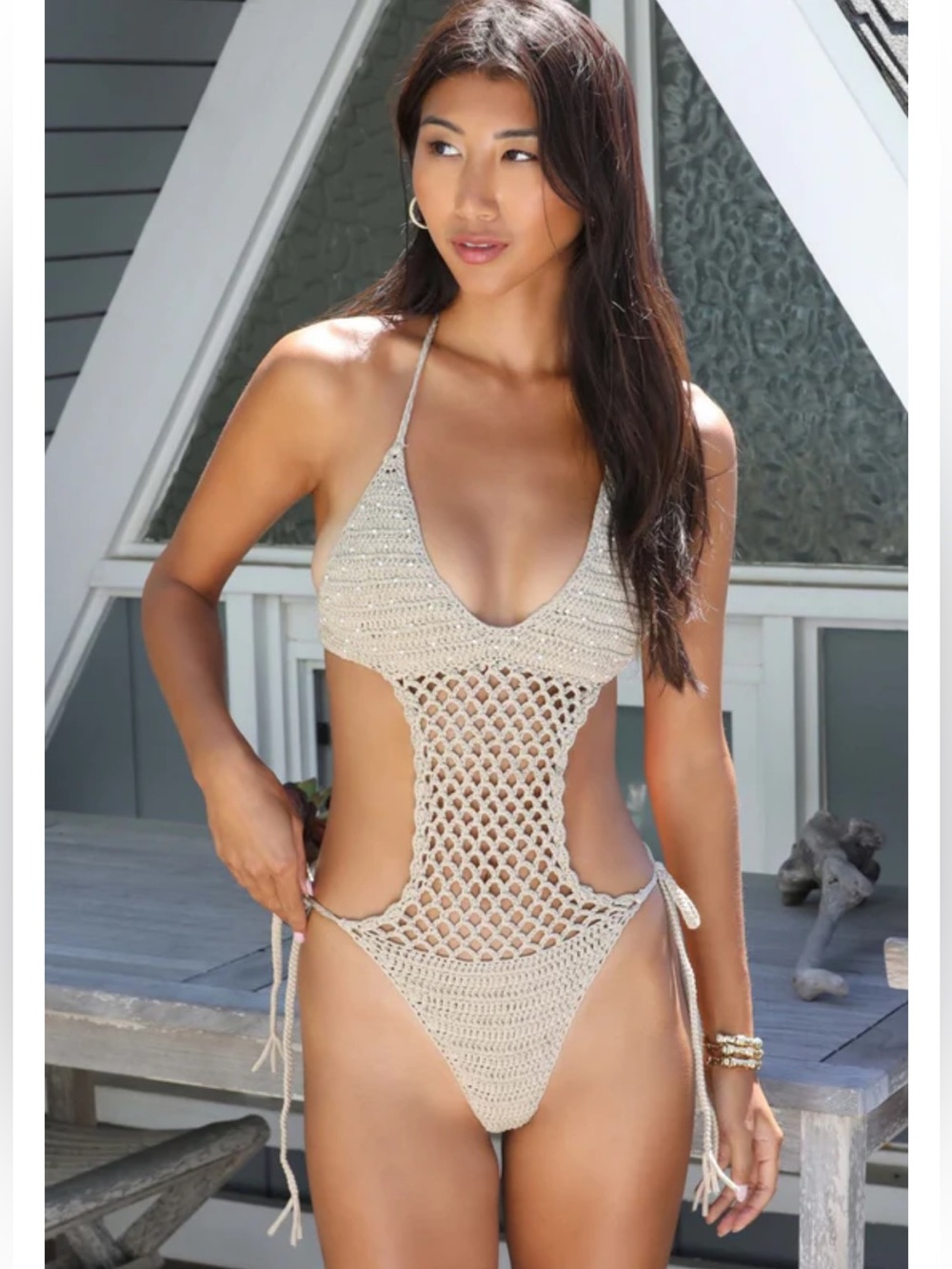 NWT Free People JMP The Label Crochet SAYULITA One-Piece Swimsuit Light Taupe S